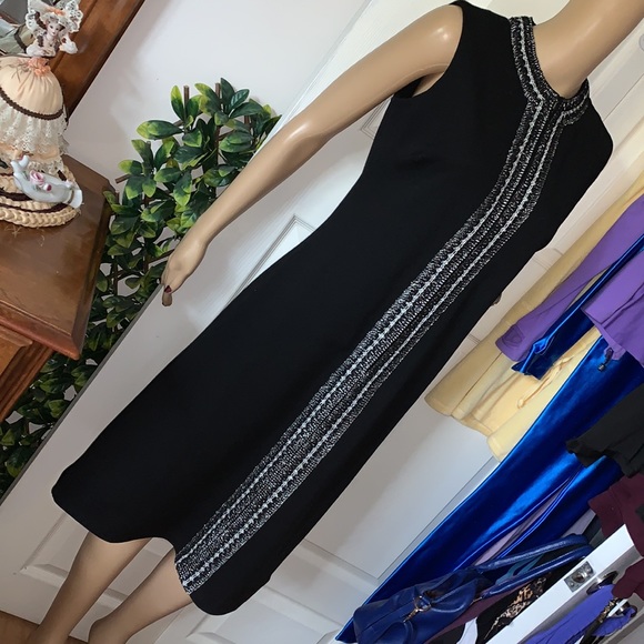 Vintage 60’s Mod black & Silver zippered front black sleeveless midi dress M - Picture 5 of 12
